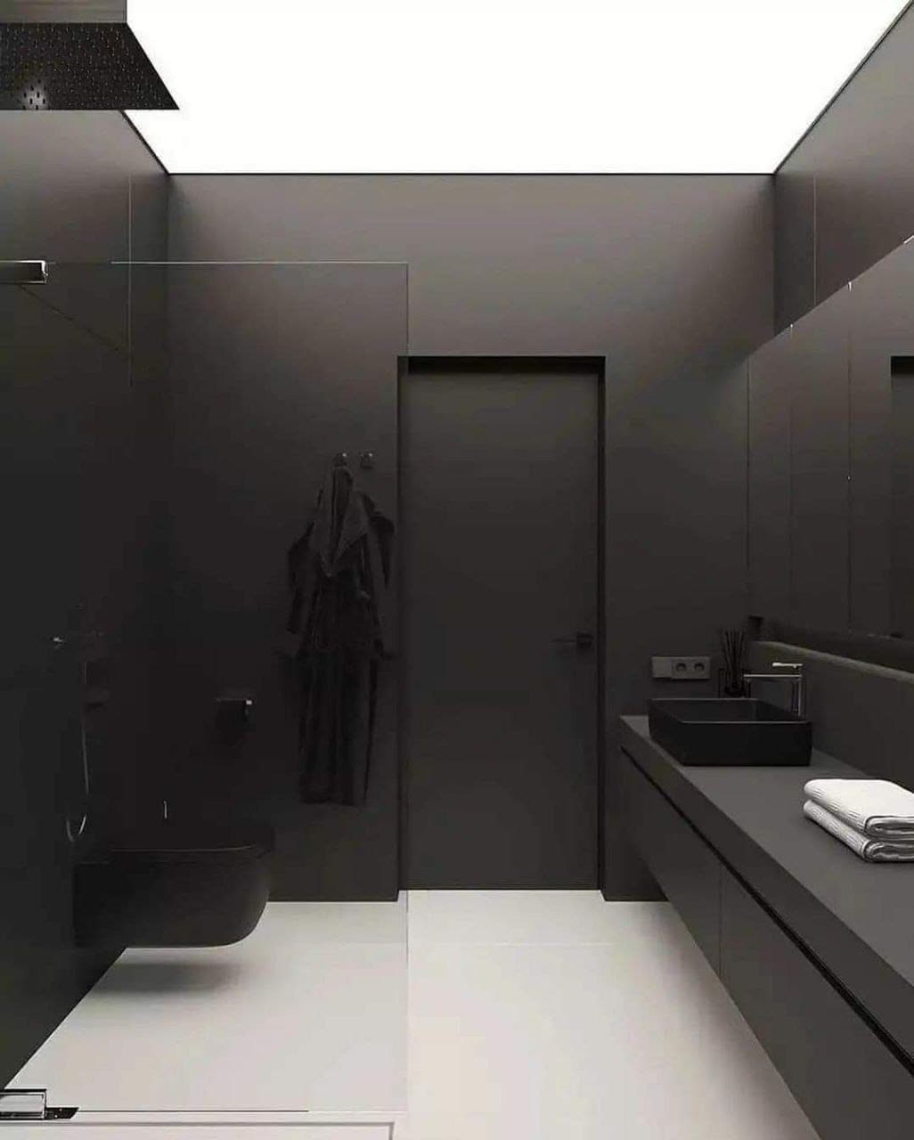 Progetto di bagno moderno total black con doccia a filo pavimento